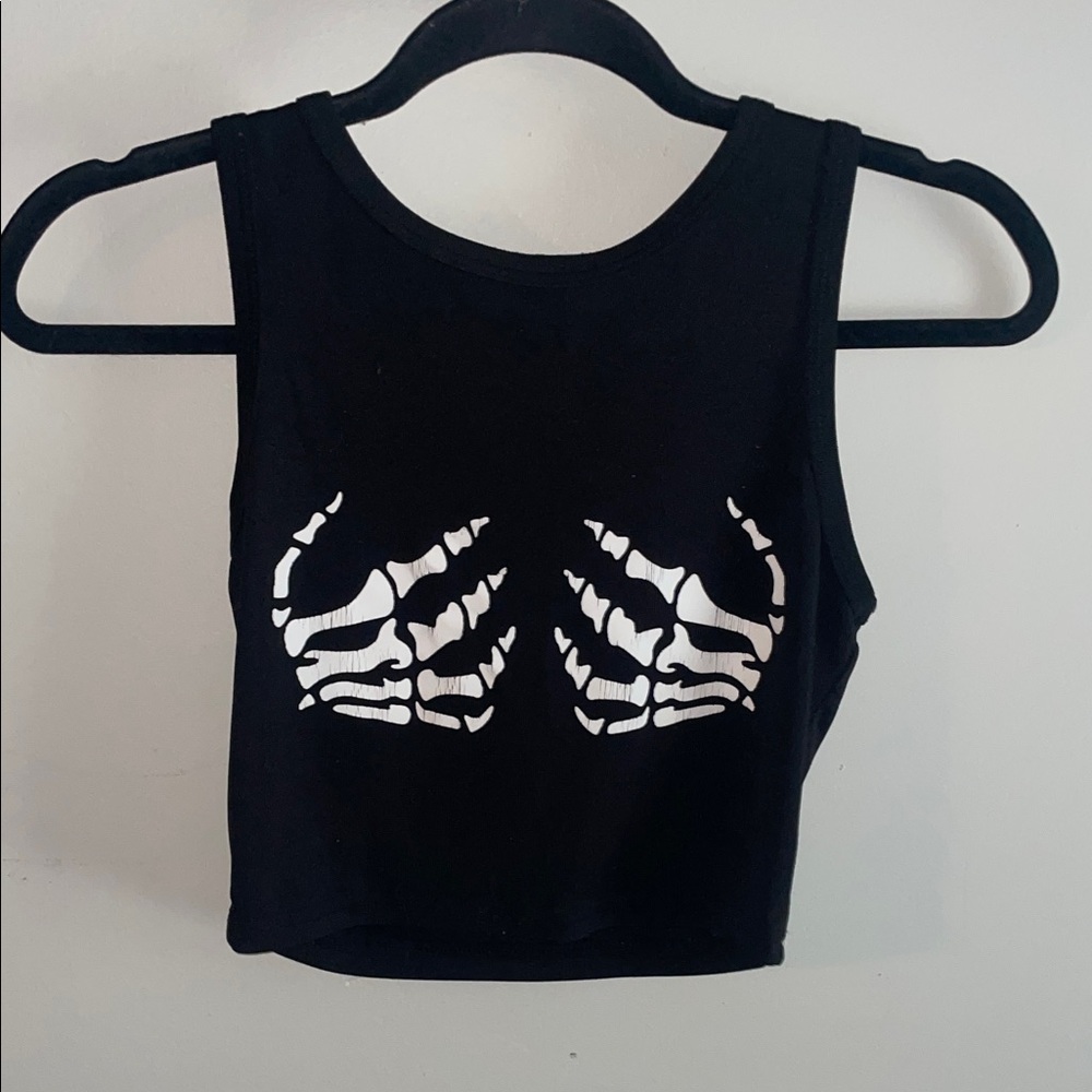 SHEIN Black Crop Tank Top with White Skeleton Hand Print
